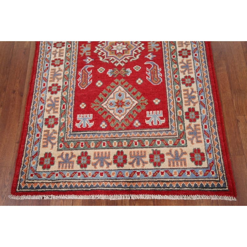 Geometric Red Kazak Oriental Accent Rug Hand-Knotted Wool Carpet - 2'8" x 4'1"