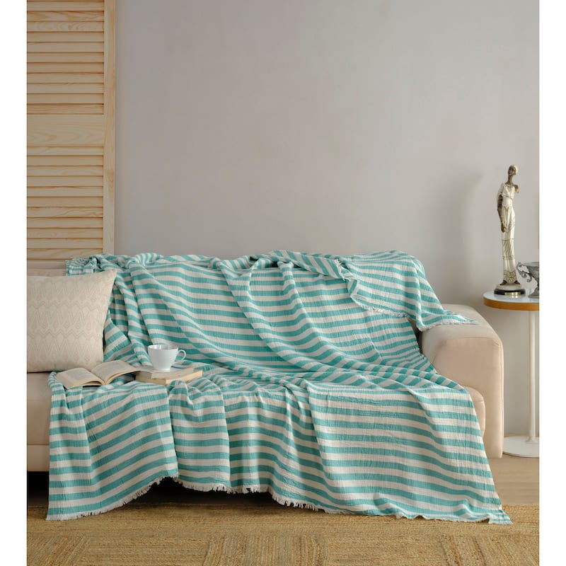 KAFTHAN Textile Muslin White with Stripes Striped Cotton Full Coverlet - White with Mint Stripes