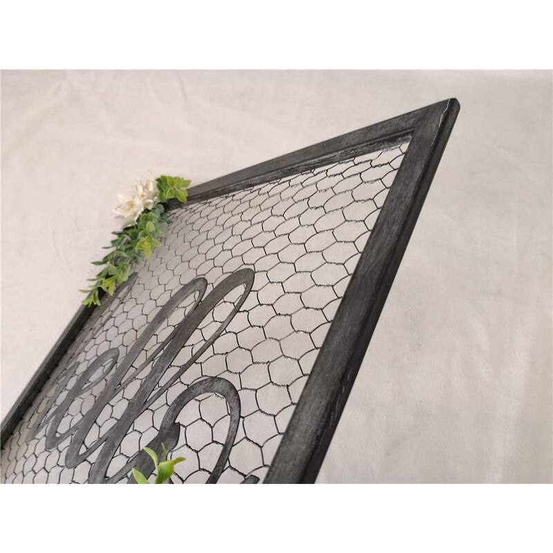 Retro Hello Script Metal Wall Art with Floral Decor, Weathered Black