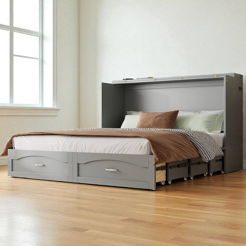 Queen Size Murphy Wall Bed with Drawers, USB & Power Sockets, Pulley Lift Design and Slat Support