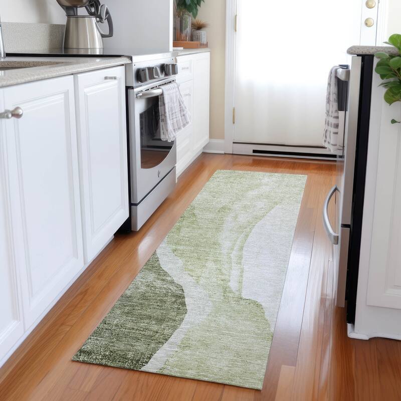Machine Washable Indoor/ Outdoor Chantille Modern Abstract Rug - Olive - 2'3" x 7'6"