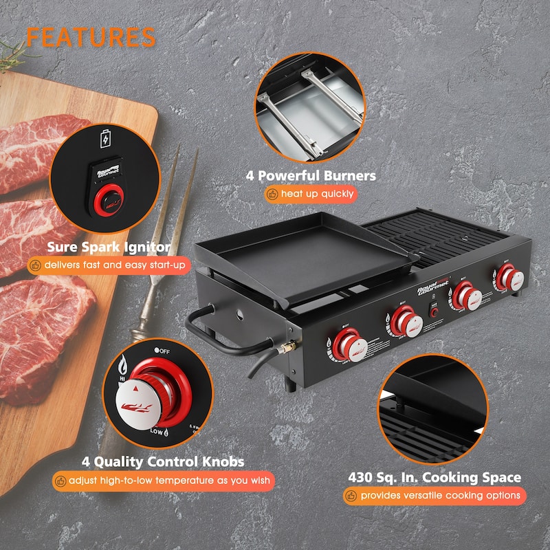 Royal Gourmet 4-Burner Portable Gas Grill Griddle Combo, Black