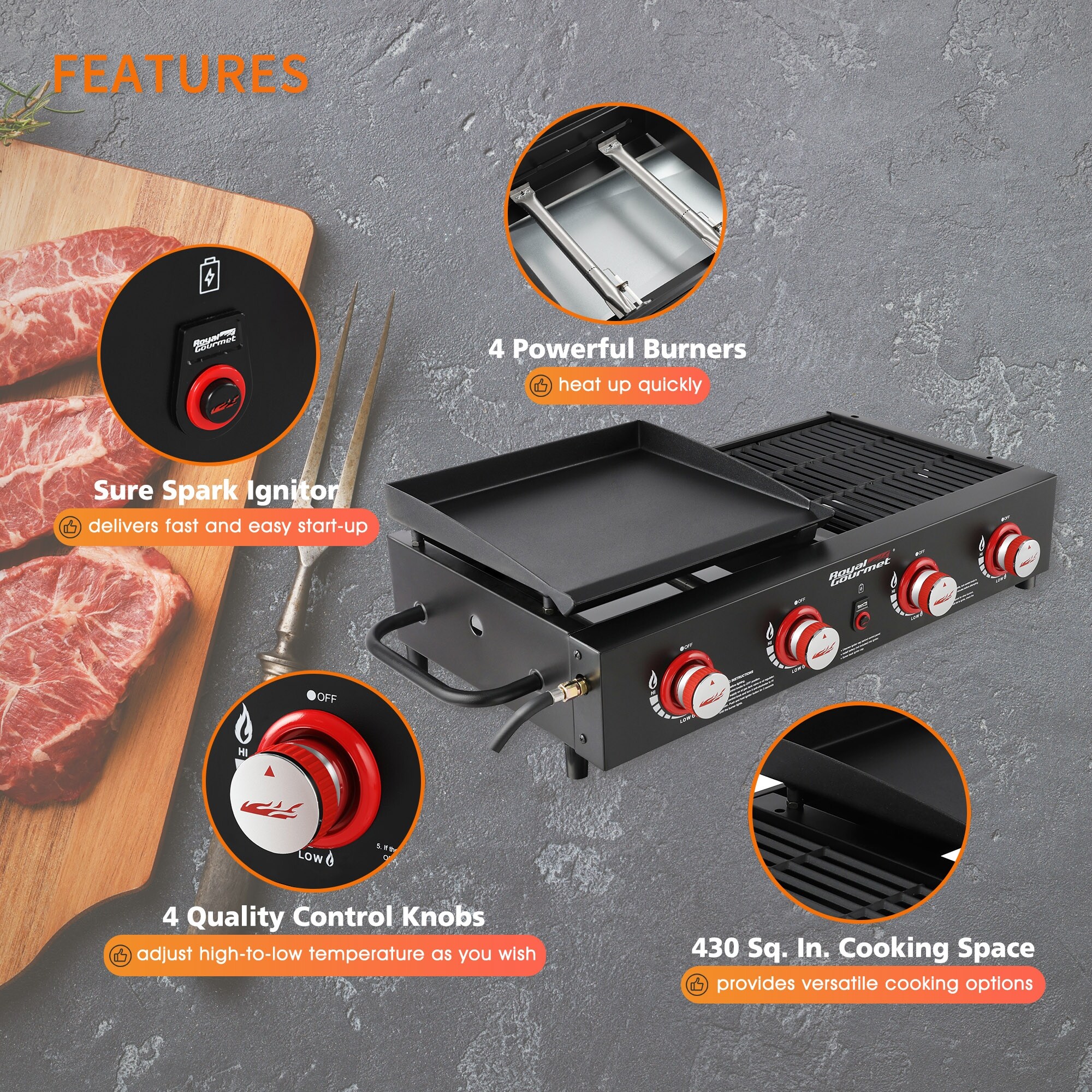 Royal Gourmet Grill & Griddle Combo, 4-Burner Portable Gas