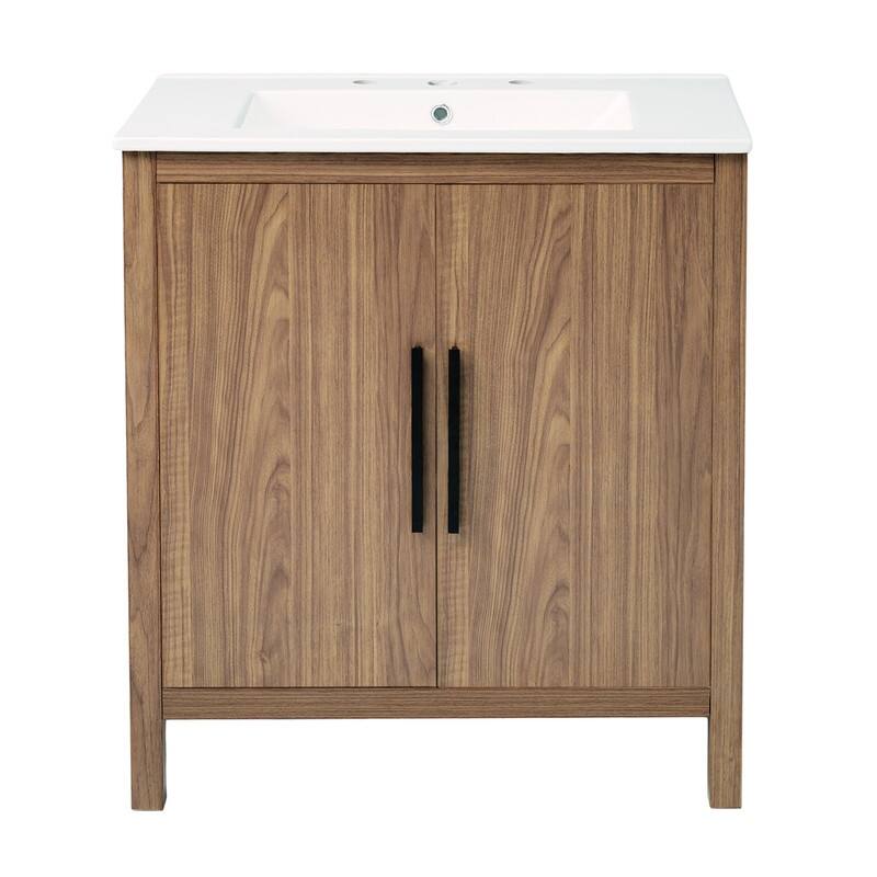 30" Wood Color Bathroom Vanity with Single Sink,Solid Wood Frame