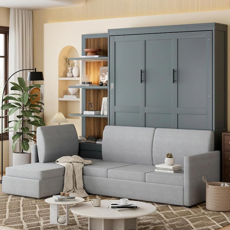 Convertible Queen Murphy Wall Bed with Sectional Sofa & 4-Tier Bookcase by Harper&Bright Designs