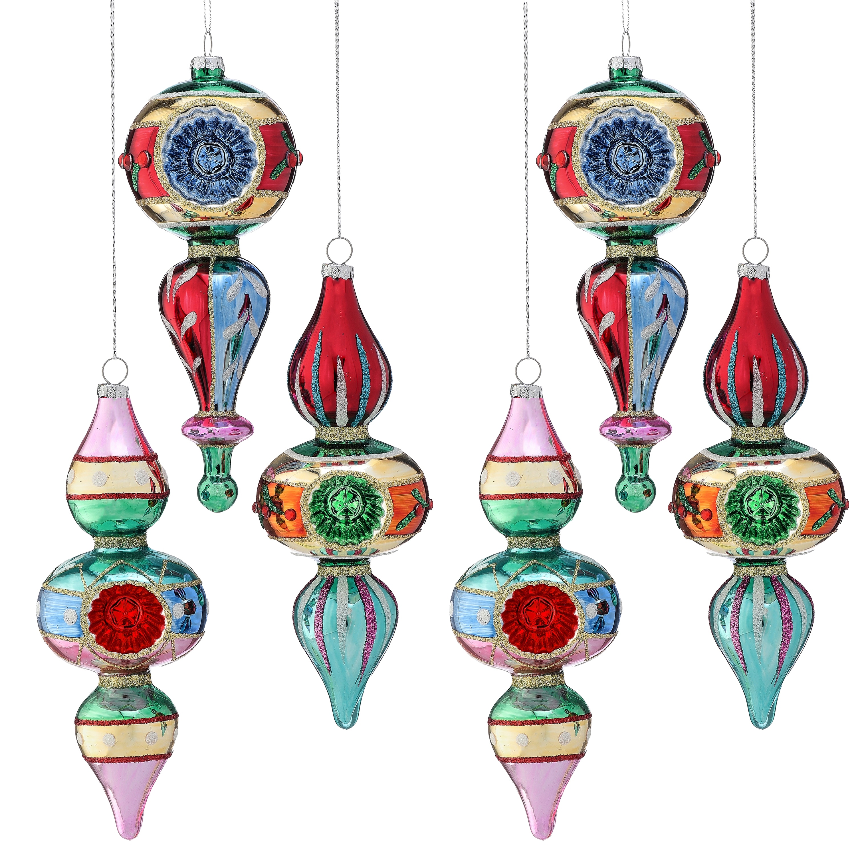 8" Glass Reflector Finial Ornament set of 6