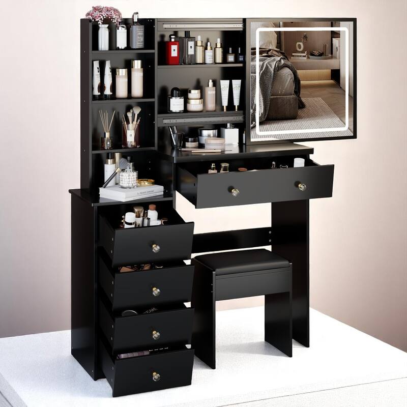 37" Lighted Vanity Table with Adjustable LED Mirror, Wide Storage, Stool, Ideal for Bedroom or Dressing Area
