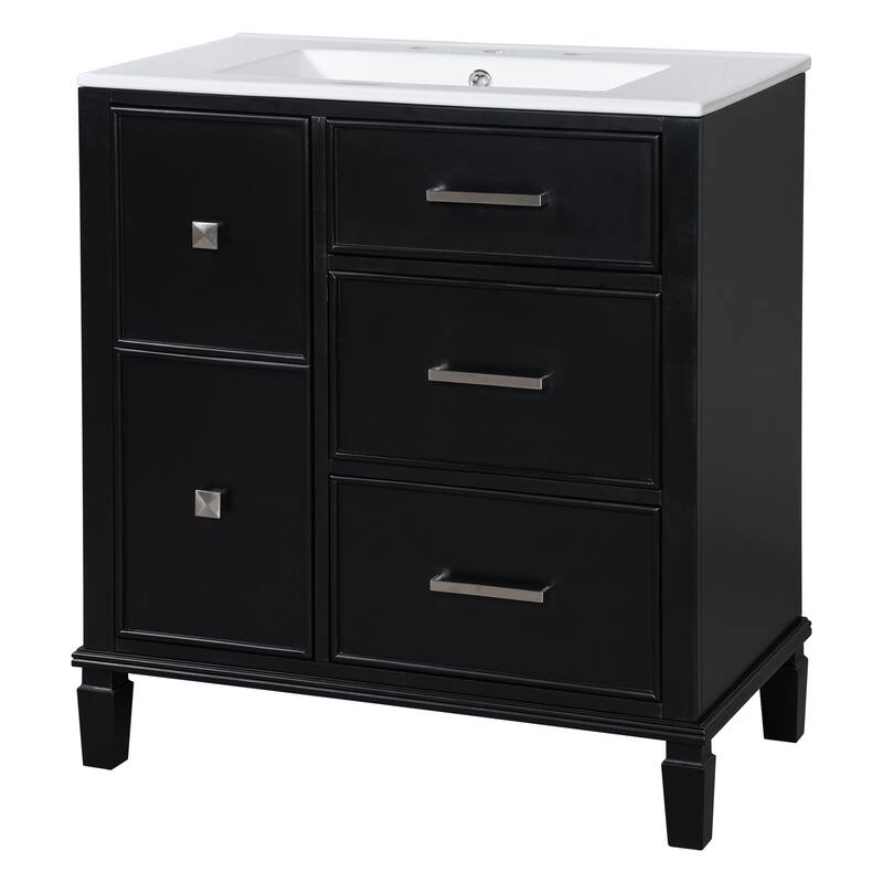 30" Bathroom Vanity with Ceramic Sink, Flip-Out Drawer, Soft Close Doors & Drawers Cabinet with Solid Wood Legs