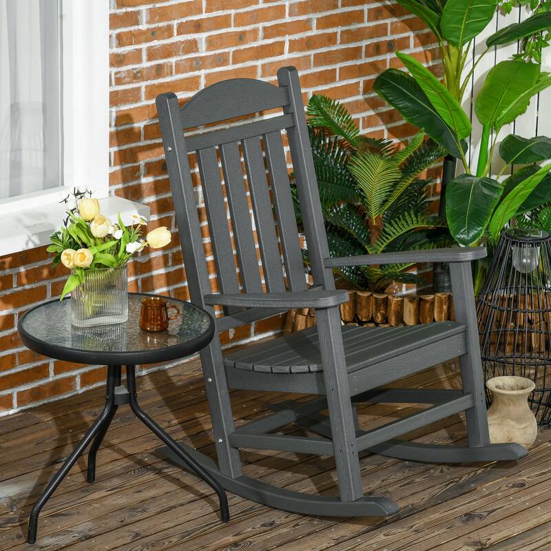 Outsunny 2 Pieces Outdoor Rocking Chair, All Weather-Resistant HDPE Rocking Patio Chairs with Rustic High Back, Armrests
