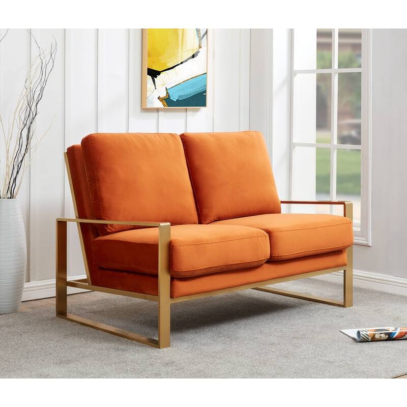 Jefferson Modern Two-Seater Velvet Loveseat with Brushed Gold Stainless Steel Base, Removable Cushions for Living Room or Lounge