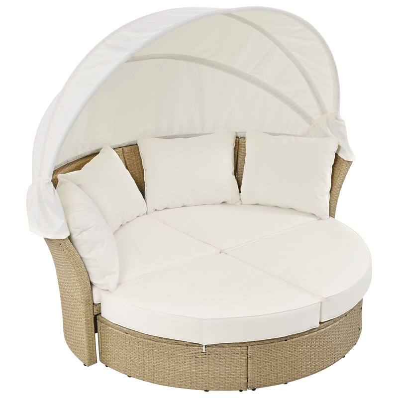 Outdoor 57" PE Rattan Round Daybed Sunbed with Canopy & 4 Pillows