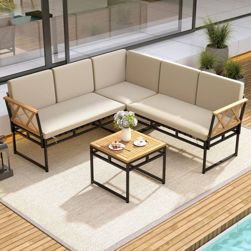 4-Piece L-Shaped Design Outdoor Sectional Sofa Set with Acacia Wood Table and Beige Cushions - 25.5" x 47.5" x 26"