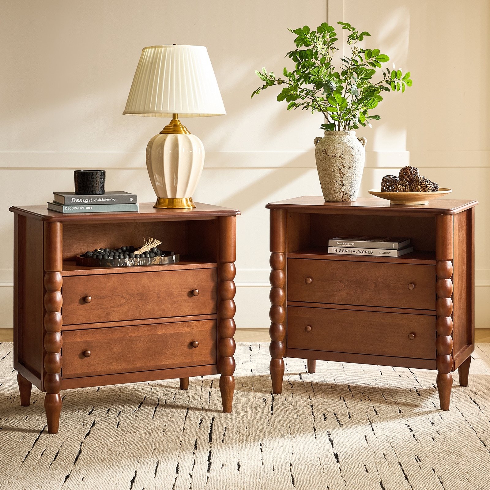 Alex Transitional 28"W 2-Drawer Spindle-Style Solid Wood End Table with Charging Station and USB Ports Set of 2 By HULALA HOME