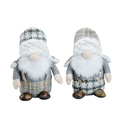 2 Gray & Brown Plaid Gnomes Wearing Tapper Hats Christmas Figure 12"