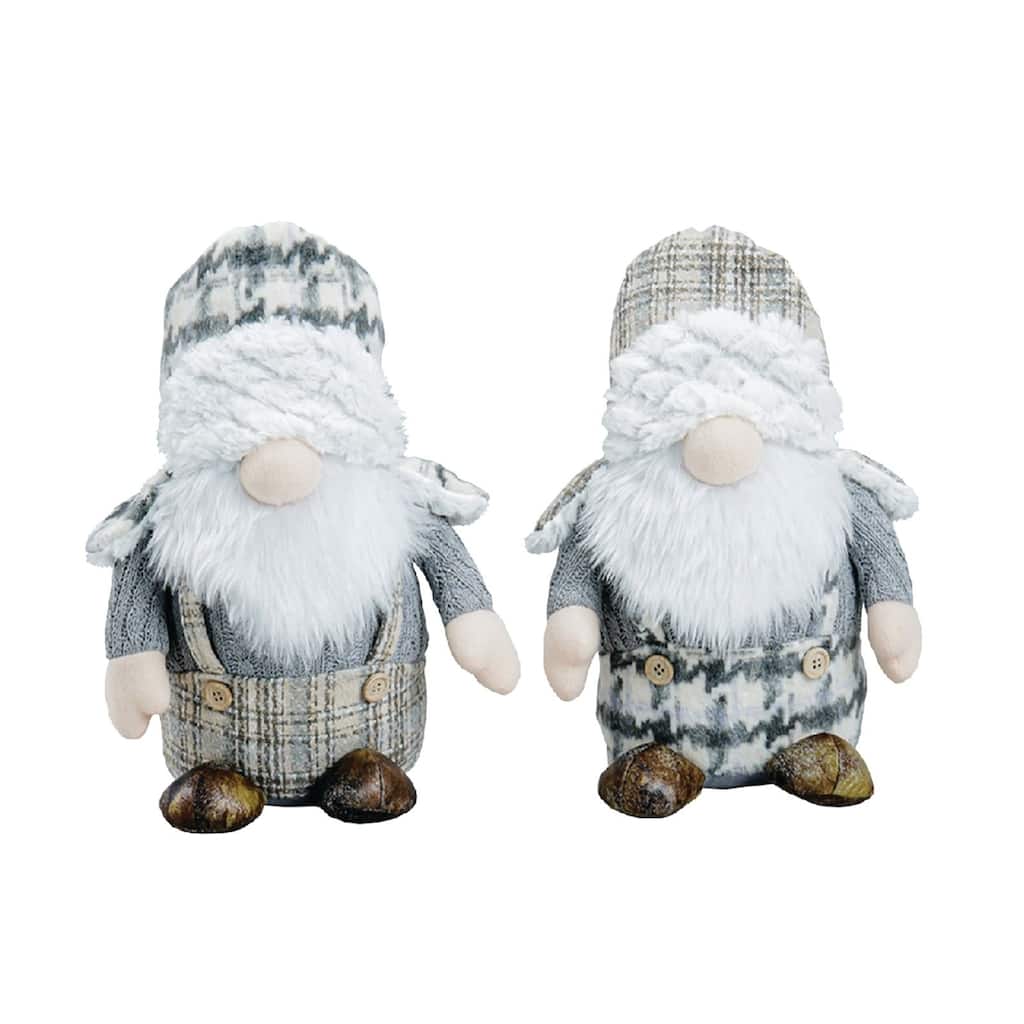 2 Gray & Brown Plaid Gnomes Wearing Tapper Hats Christmas Figure 12"