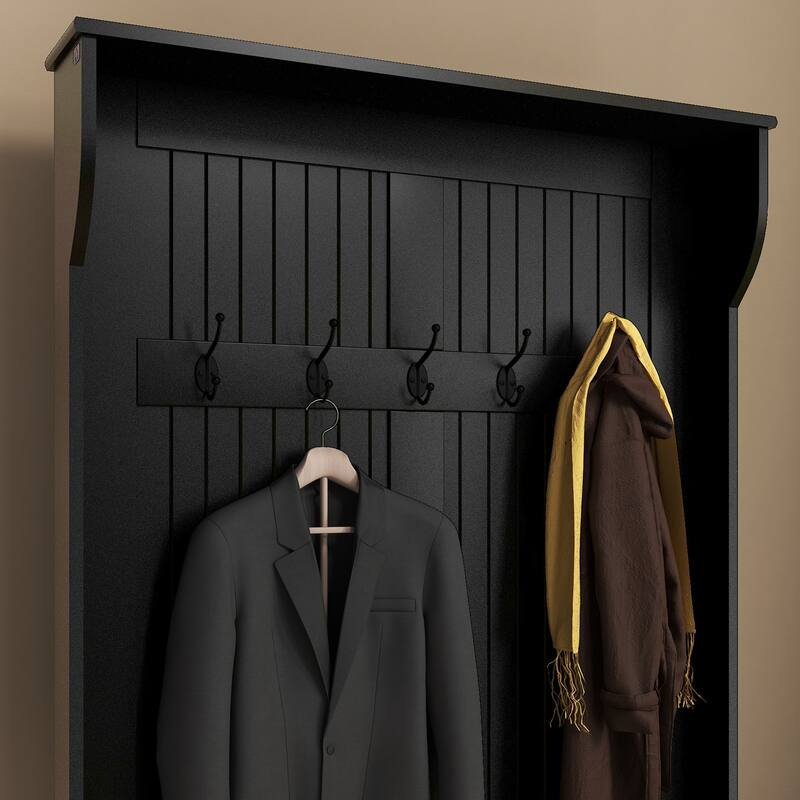 Modern Coat Rack with Anti-Tip Device Storage Bench 5 Hooks and Shoe Cabinet, for Entry and Hallway, Distressed White