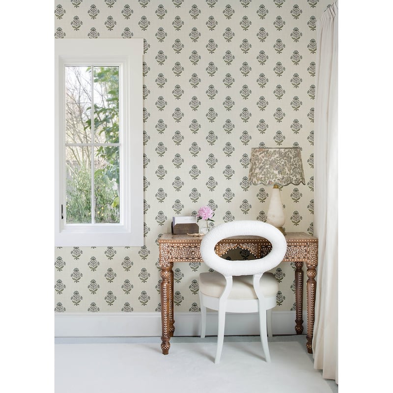 Chesapeake Hollyhock Aqua Floral Crest Wallpaper