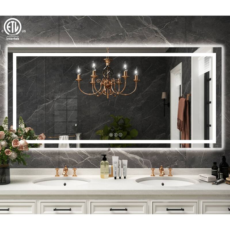 Large Rectangular Frameless Anti-Fog LED Light Wall Mounted Bathroom Vanity Mirror in White - N/A - 60" * 28"