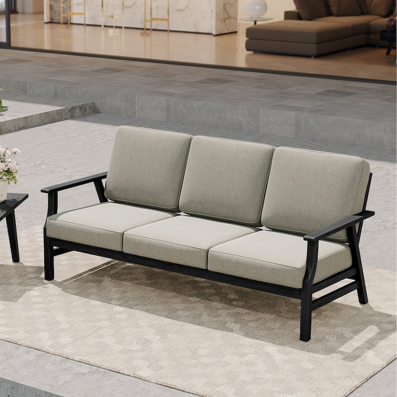 Casual Wood Cushioned 5-Piece Outdoor Patio Conversation Set - 3-Seat Sofa - Light Camel