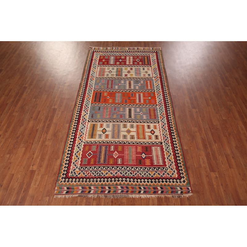 Vegetable Dye Kilim Qashqai Persian Antique Rug Flatweave Wool Carpet - 5'2" X 10'0"