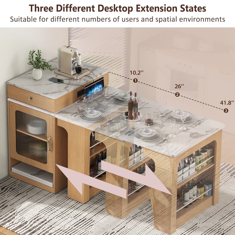 59.5" Kitchen Island with Extendable Dining Table, Kitchen Storage Table with Double-sided Storage, with 2 Drawers