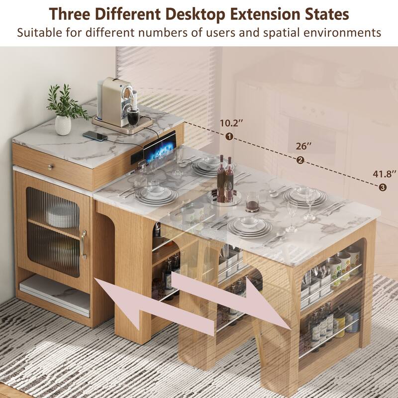 Modern 59.5" Extendable Kitchen Island - Double-sided Storage with 2 Drawers and Power Outlet