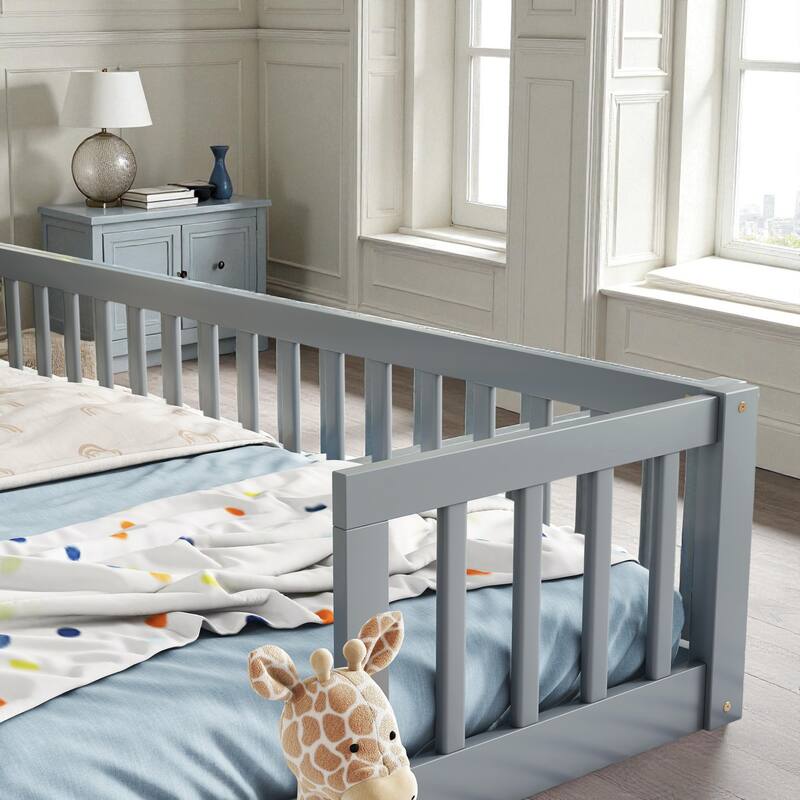 Double Twin Floor Bed with Fence and Guardrails, Solid Pine Wood Frame Montessori Bed for Kids