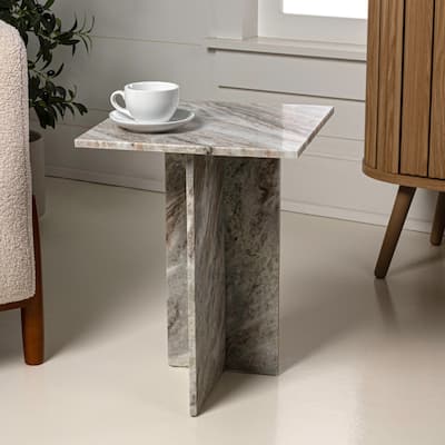 Venus 18.5" Contemporary Natural Marble Handmade T-Shaped End Table, Gray/Beige, by JONATHAN Y.