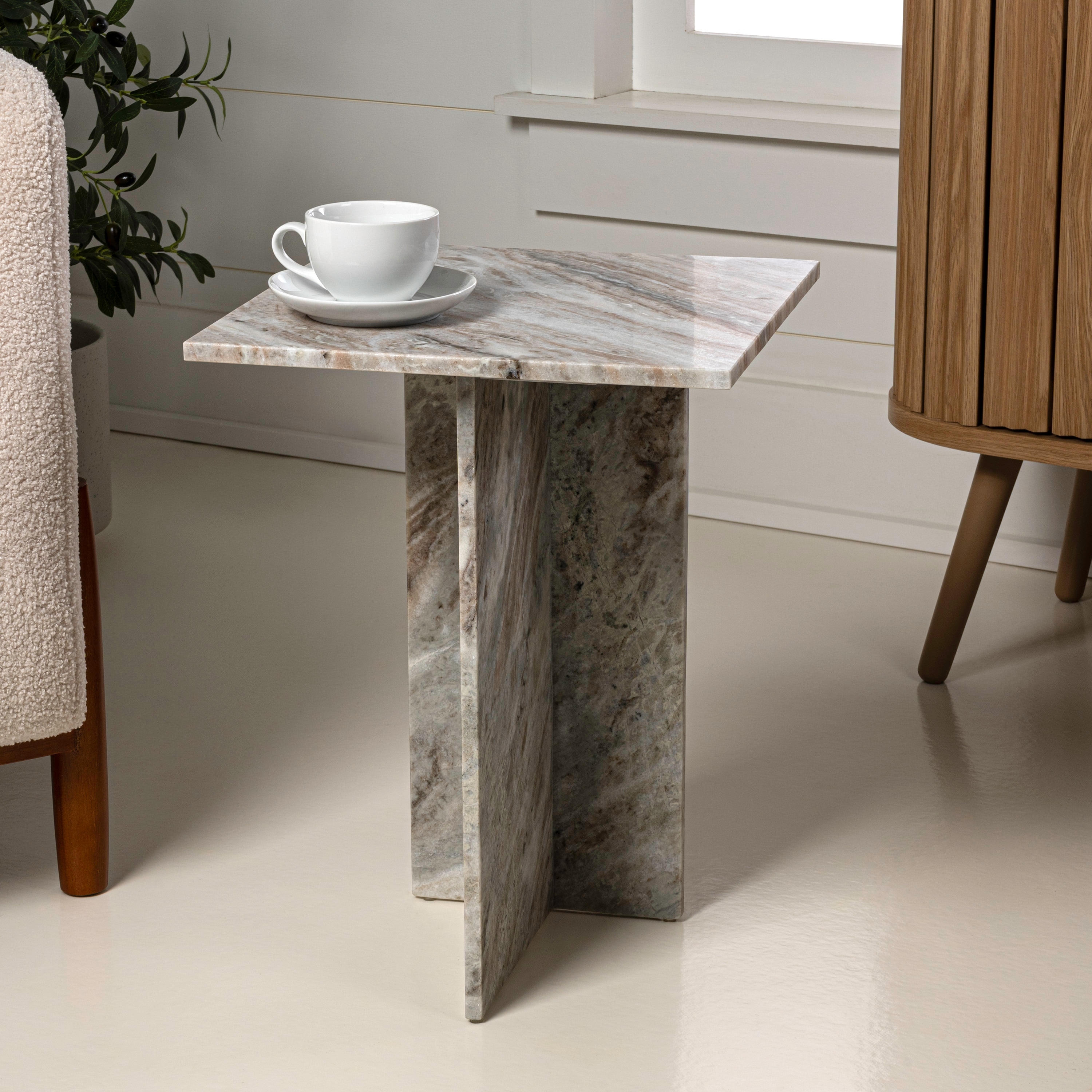 Cecil Modern Square Marble End Table with Cross Base, and Solid Stone Accent Side Table for Living Room