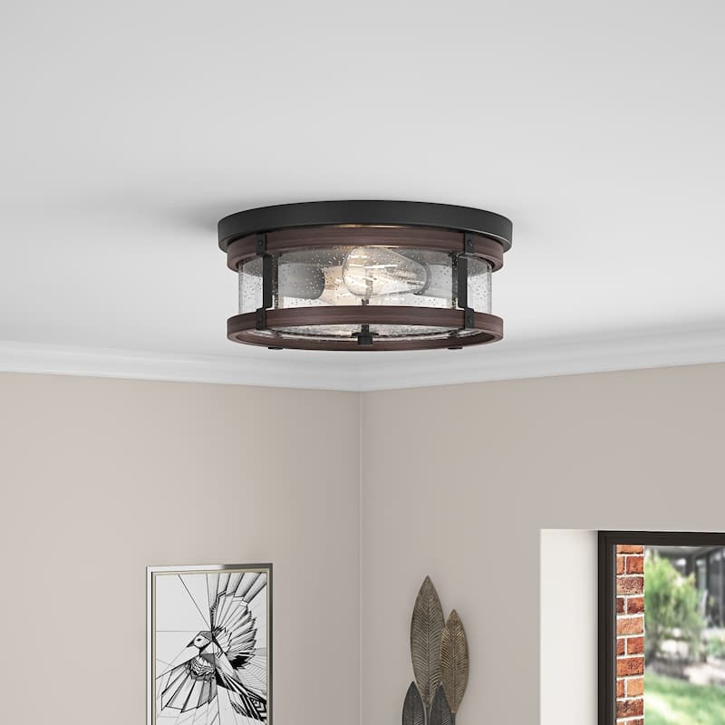 Oil Rubbed Bronze 2-Light Flush Mount Close to Ceiling Light with Seeded Glass Shade