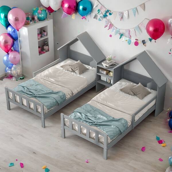 slide 2 of 9, Kids and Baby Double Twin Size Platform Bed With House-shaped Headboard,A Nightstand Grey