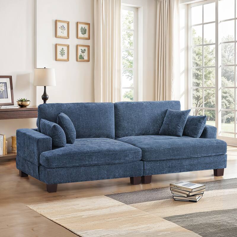 88"W 3-Seater Sofa Chenille Upholstered Couch Modern Loveseat Sofa Wooden Frame Sofa for Living Room - Blue