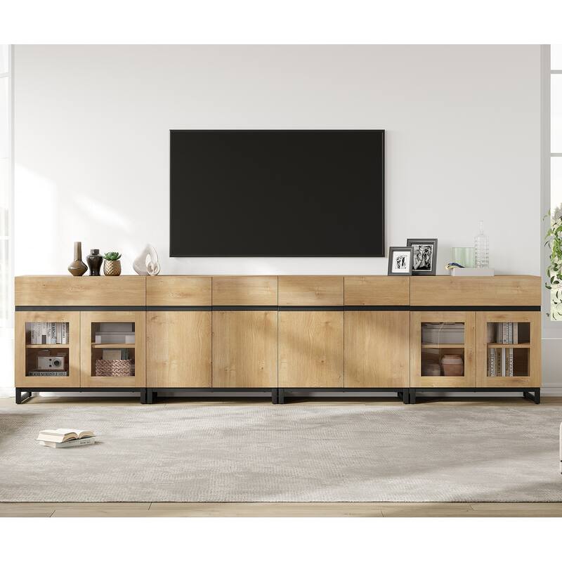 Modern TV Stand for 120" TVs, 4-in-1 Console with Glass Doors & 2 Drawers