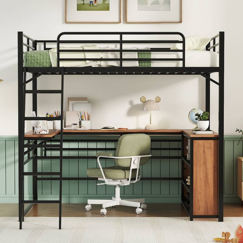 Black Metal Loft Bed with L-shaped Desk and 3 Layers of Shelves, Reversible Ladder
