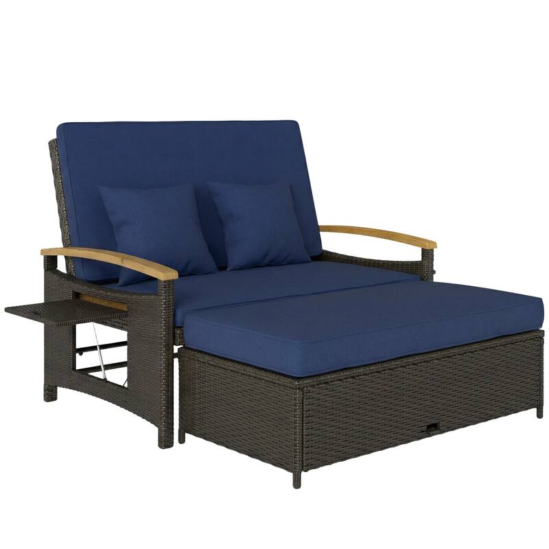 Outsunny Rattan Outdoor Daybed w/4-Level Adjustable Backrest, Patio Sofa Bed w/Loveseat, Storage Ottoman, Acacia Wood Armrest