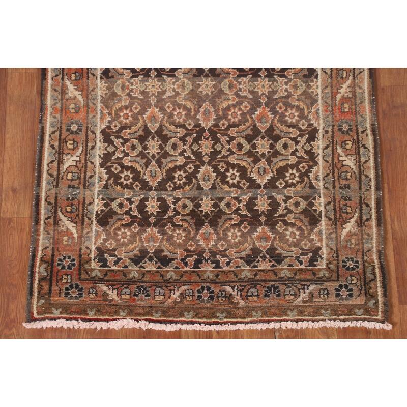 Brown Hamedan Persian Vintage Runner Rug Handmade Wool Carpet - 3'4"x 10'5"