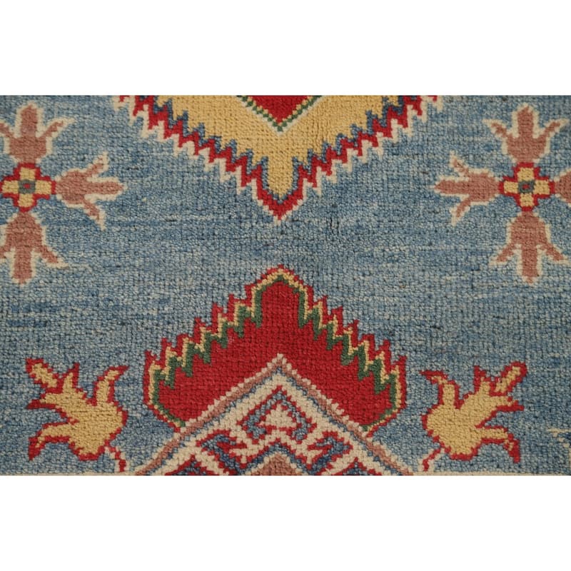 Blue Geometric Kazak Area Rug Hand-Knotted Traditional Wool Carpet - 6'8" x 9'9"
