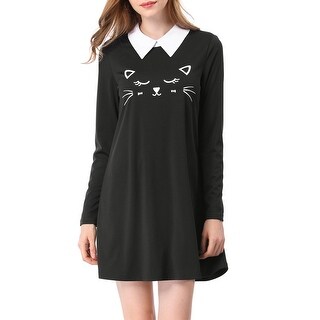 Shop Unique Bargains Women Cat Face Print Contrast Collar Flare Hem Above Knee Dress Overstock 23579805