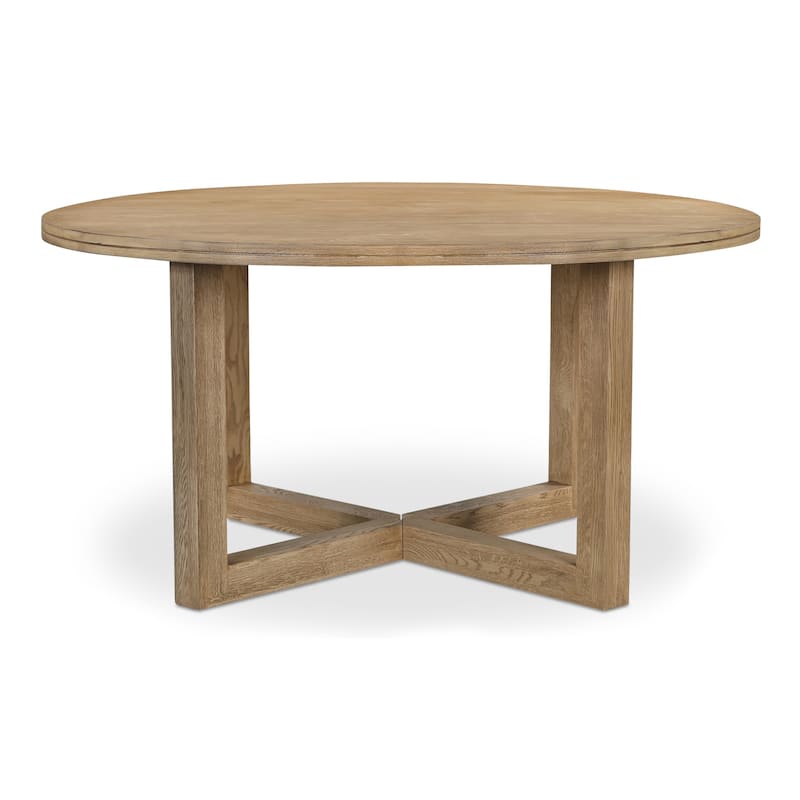 NADAAL STUDIOS Arlisse Dining Table for 6, Round Oak Wood Top, Dual-Layer Top with V-Groove Iron Crossing Base, Dark Brown - Natural