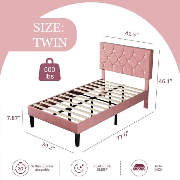 dimension image slide 4 of 6, VECELO Upholstered Kids Bed Frame with Diamond Tufted Headoard,Twin Size Bed Set of 2