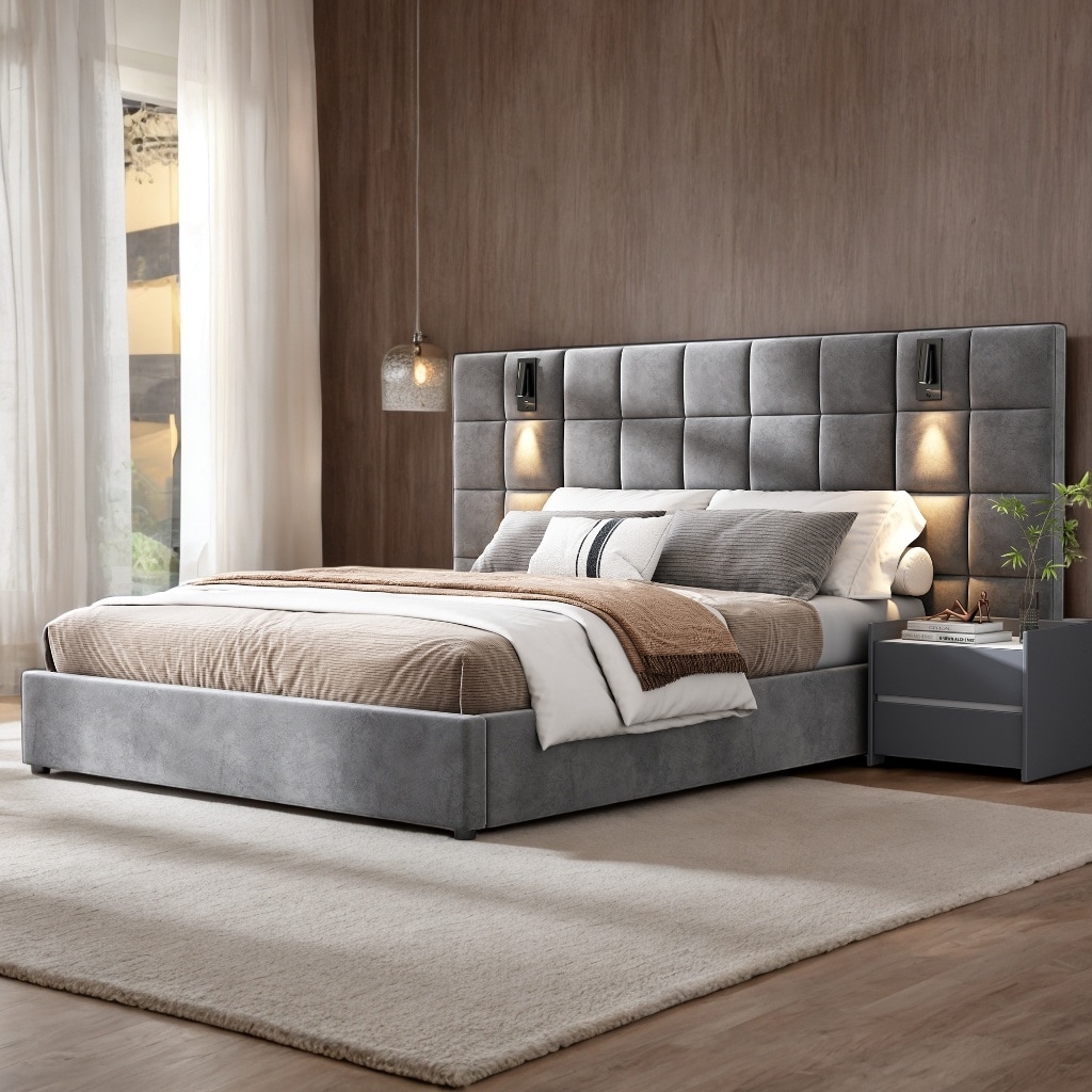 Queen Bed with Velvet Headboard Reading Lamp USB No Box Spring Grey