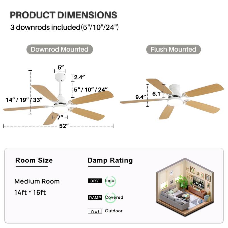 52 inch Ceiling Fan with Remote,Flush Mount and Downrd Mount,Dual Blade Finish,3CCT LED Light,Plywood Blades