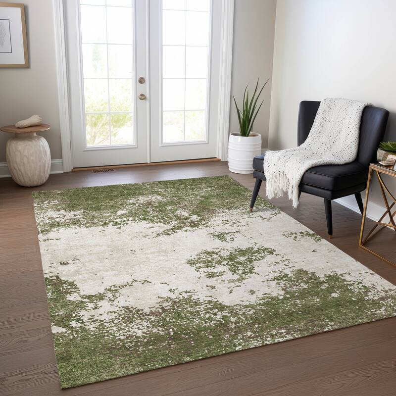 Machine Washable Indoor/ Outdoor Abstract Pixels Chantille Rug - Olive - 5' x 7'6"