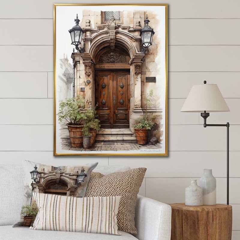 Designart "France Lyon Old Town Door II" France Framed Wall Art Prints - Gold - 30 in. wide x 40 in. high