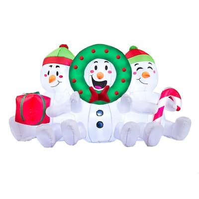 6 FT Long Christmas Inflatable Snowmen Outdoor Decoration, Three Sitting Snowmans with Build-in LEDs Blow Up Inflatables - White