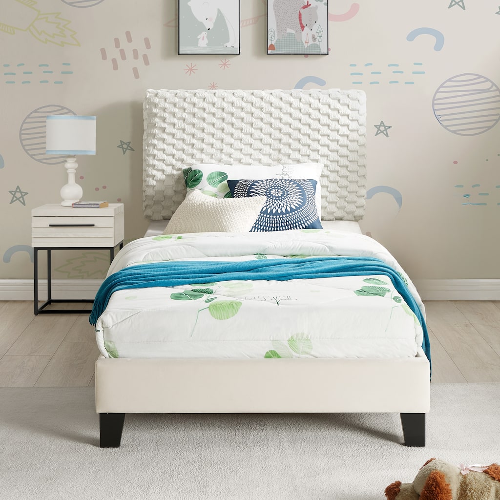 Twin Size MDF Height-Adjustable 3D Upholstered Platform Bed Set with Nightstand and No Box Spring Required