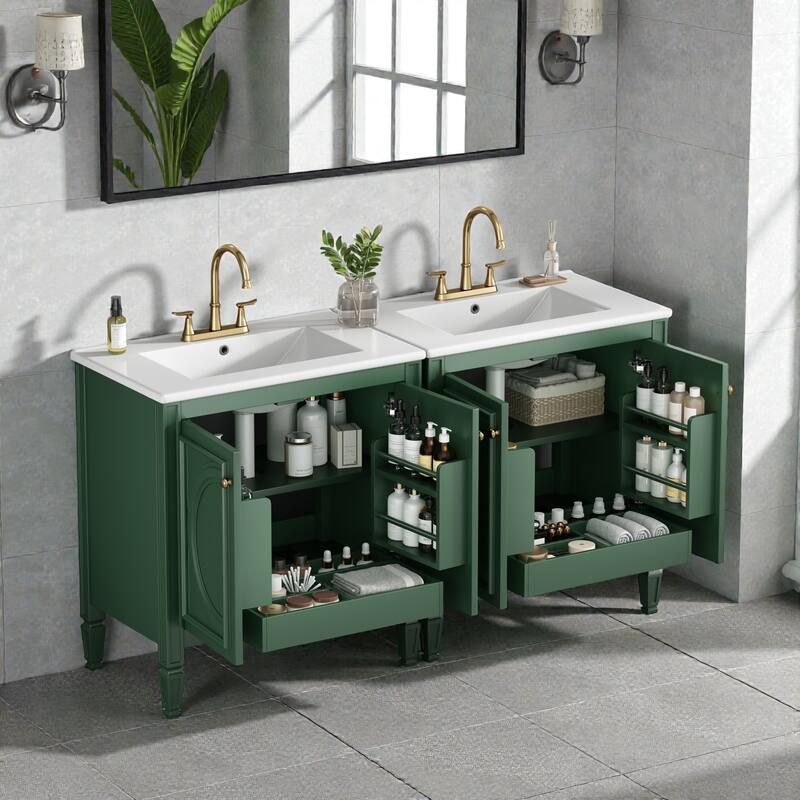 60" Double Sink Bathroom Vanity Set with Ceramic Tops, Soft-Close Doors, Storage Shelves & Drawer, Solid Wood Frame