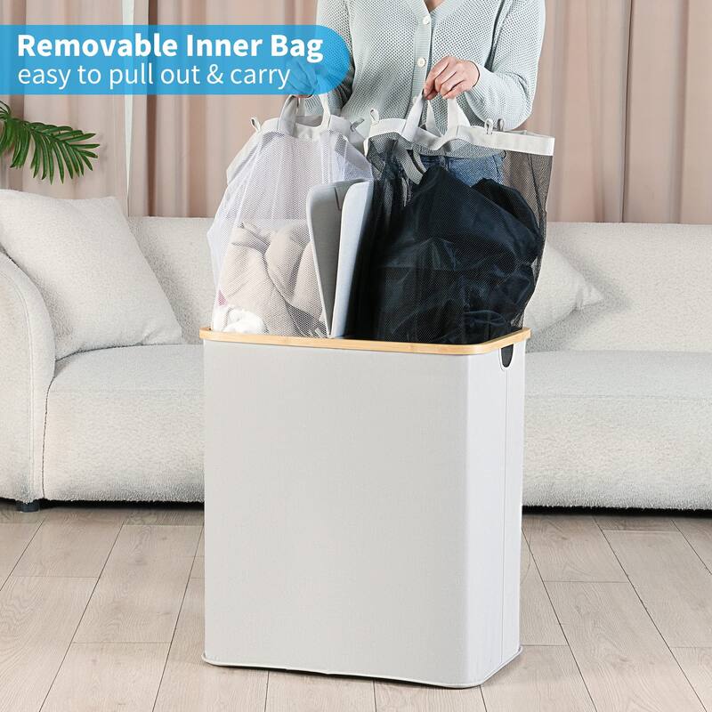 Double Laundry Hamper with Lid, Divided Laundry Hamper with Removable Bags, 2 Section Dirty Clothes Basket with Handles