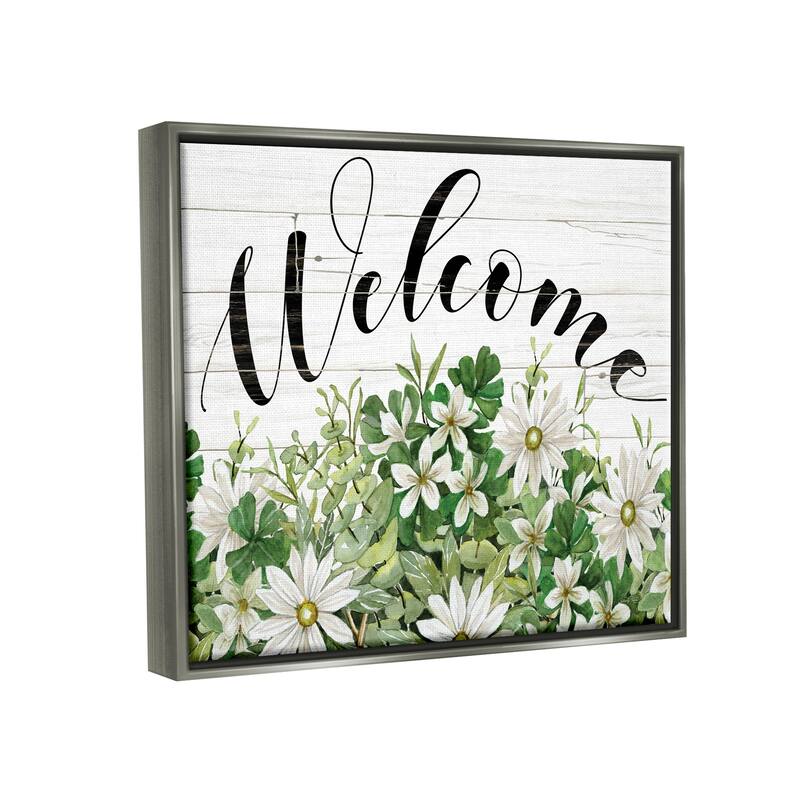 Stupell Welcome Rustic Planked Sign White Flower Blossoms Floater Frame, Design by Cindy Jacobs