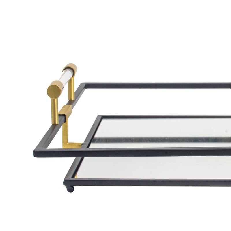 21, 27 Inch Set of 2 Decorative Trays with Mirror, Modern Frame, Gold, Black